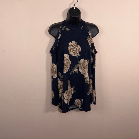 Large 143 Story Navy Blue Floral Knit Cold Shoulder Top Stretch High Neckline - Picture 7 of 12